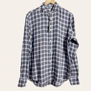 Eleventy Platinum Flax Linen Plaid Long Sleeve Spread Collar Dress Shirt M NWT